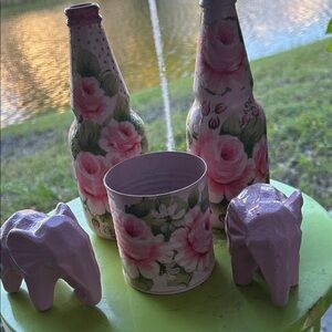 Floral Painted Bottles and Elephant Decor Set